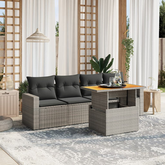 HKH 5 Pcs Conjunto Sofás de Jardim C/ Almofadões Vime Pe - Cinzento
