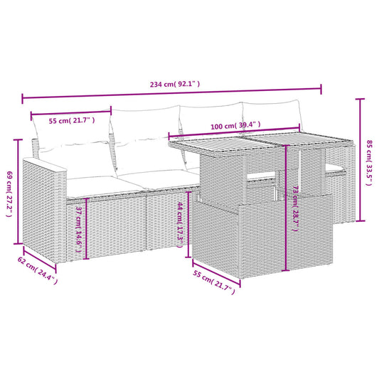 HKH 5 Pcs Conjunto Sofás de Jardim com Almofadões Vime Pe - Preto
