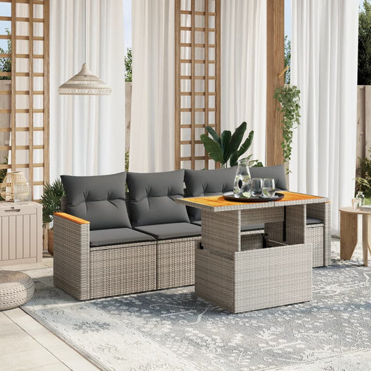 HKH 5 Pcs Conjunto Sofás de Jardim C/ Almofadões Vime Pe - Cinzento