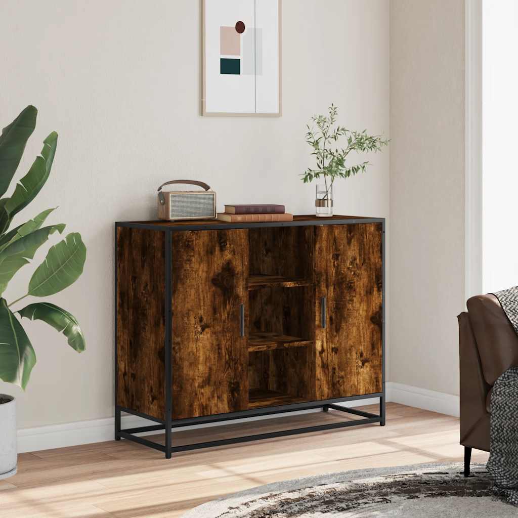 Aparador industrial HKH de derivados de madera, metal 92 x 35 x 76 cm - Roble ahumado