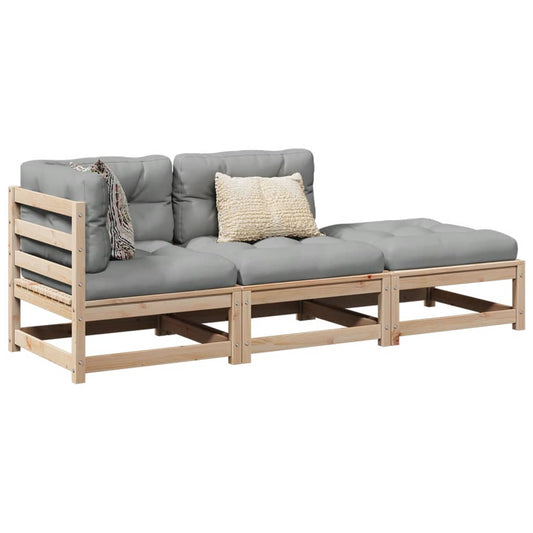 HKH 3 Pcs Conjunto Sofás de Jardim C/ Almofadões Pinho Maciço - Marrom