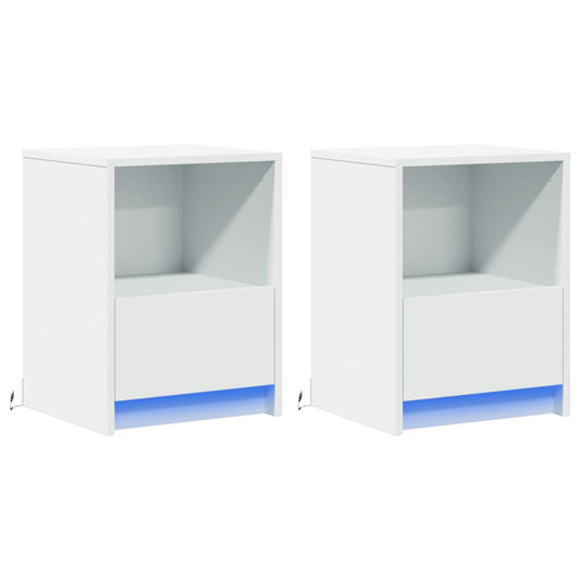 HKH Conjunto de 2 Mesas de Cabeceira com Luz Led em Derivados de Madeira - Branco