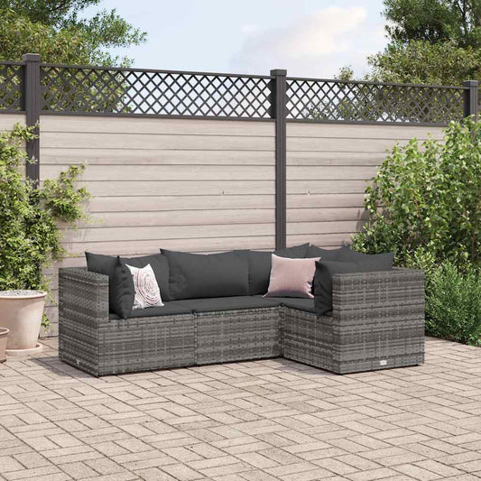 HKH 4 Pcs Conjunto Lounge de Jardim C/ Almofadões Vime Pe - Cinzento