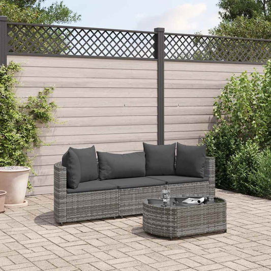 HKH 4 Pcs Conjunto Sofás de Jardim C/ Almofadões Vime Pe - Cinzento