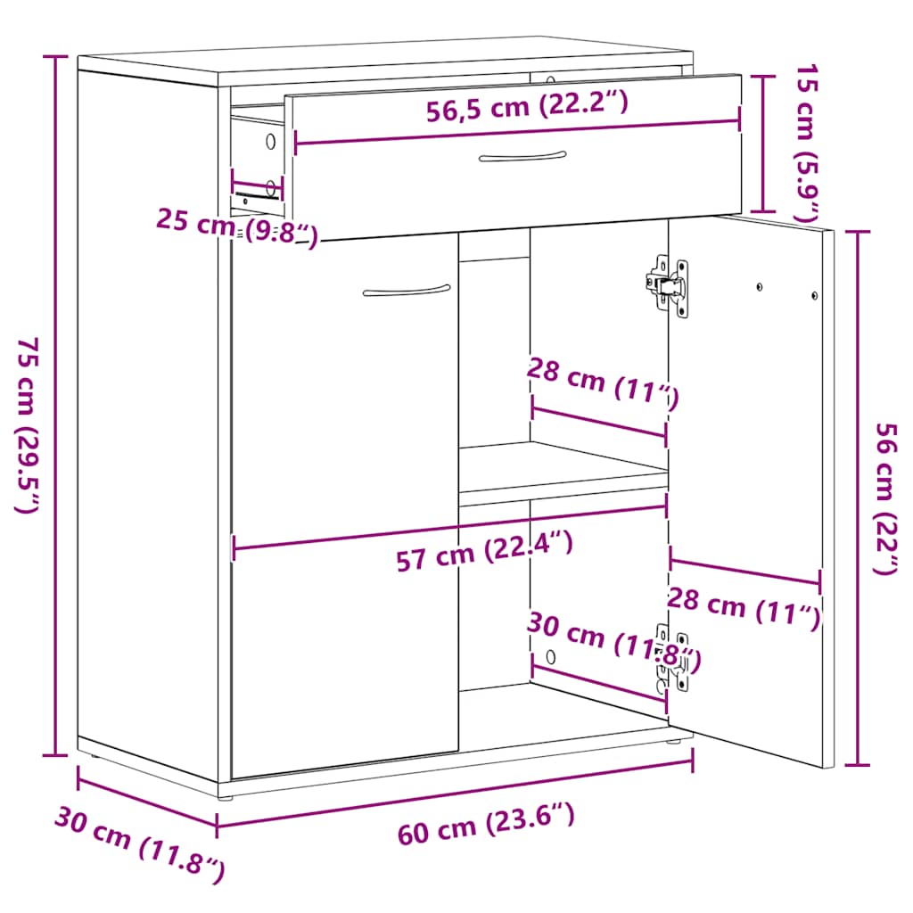 HKH Aparador Clássico em derivados de Madeira com 2 Portas e 1 Gaveta 60 X 30 X 75 Cm - Madeira Velha