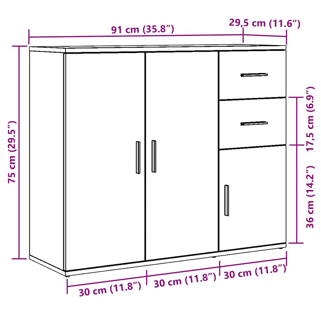 HKH Aparador Clássico em derivados de Madeira, Ferro com 3 Portas e 2 Gavetas 91 X 29,5 X 75 Cm - Madeira Velha