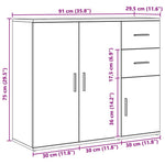 Aparador Clásico HKH de Madera Diseñada, Hierro con 3 Puertas y 2 Cajones 91 x 29,5 x 75 Cm - Roble Artesanal