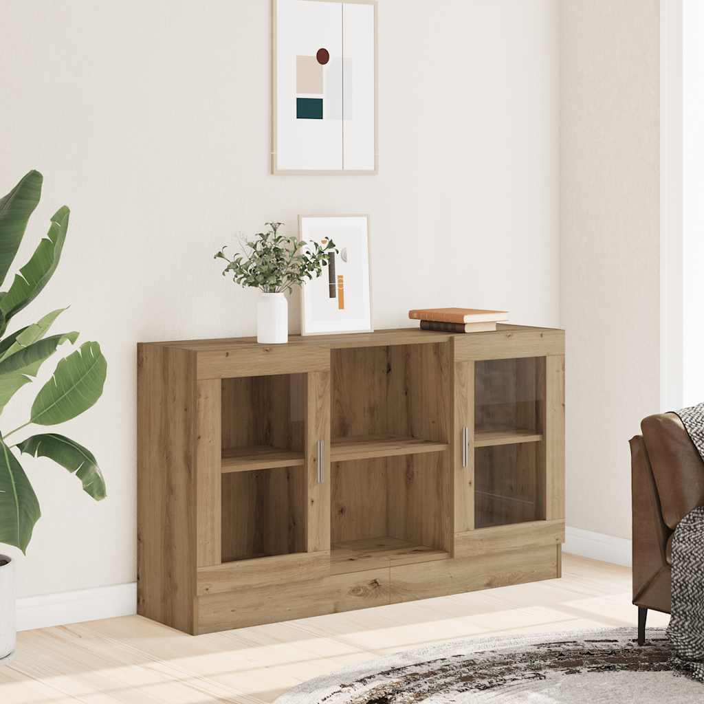 Aparador clásico HKH de madera procesada y cristal, 2 puertas, 120 x 30,5 x 70 cm - Roble artesano