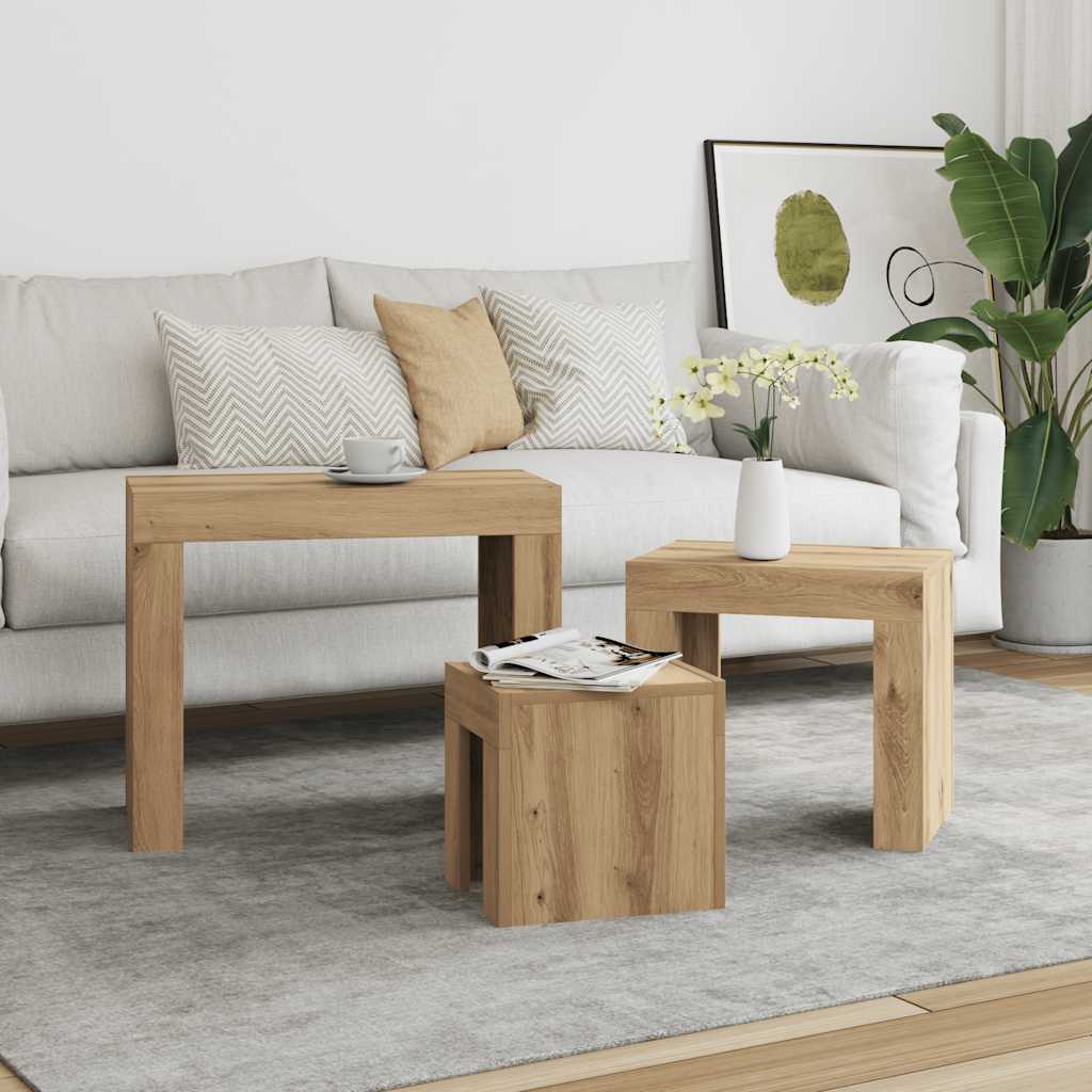 HKH Set de 3 Mesas Nido Encajables en Derivados de Madera Roble Artesanal