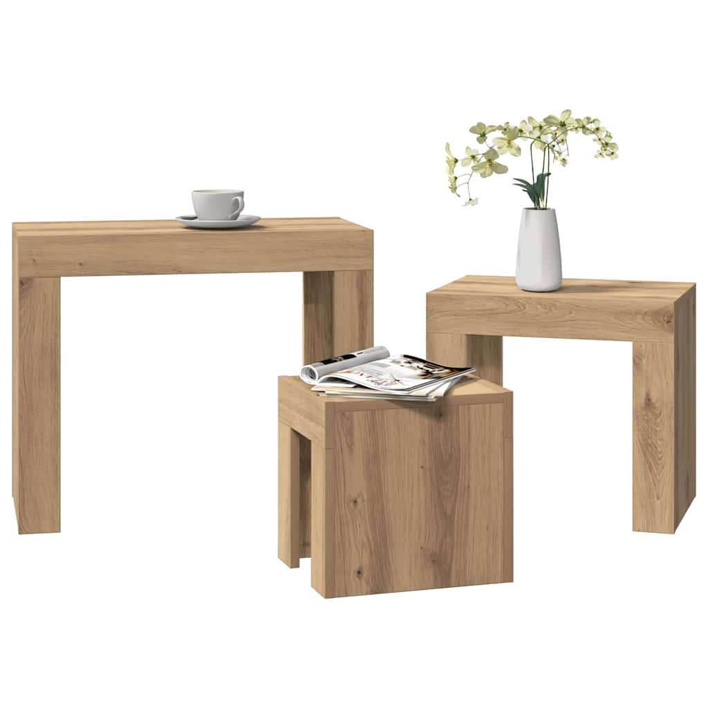 HKH Set de 3 Mesas Nido Encajables en Derivados de Madera Roble Artesanal