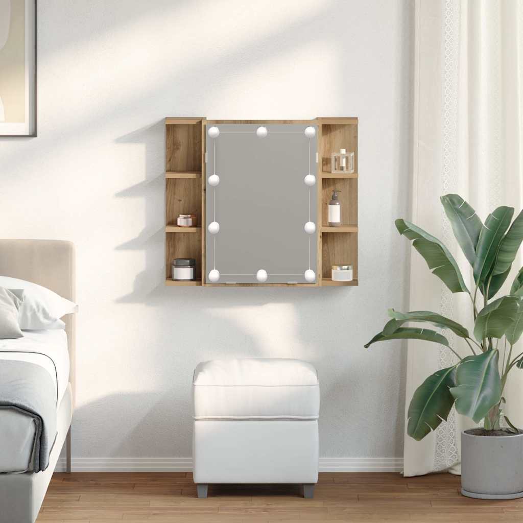 HKH Armario con espejo y LED en roble artesanal - 70x16,5x60 cm