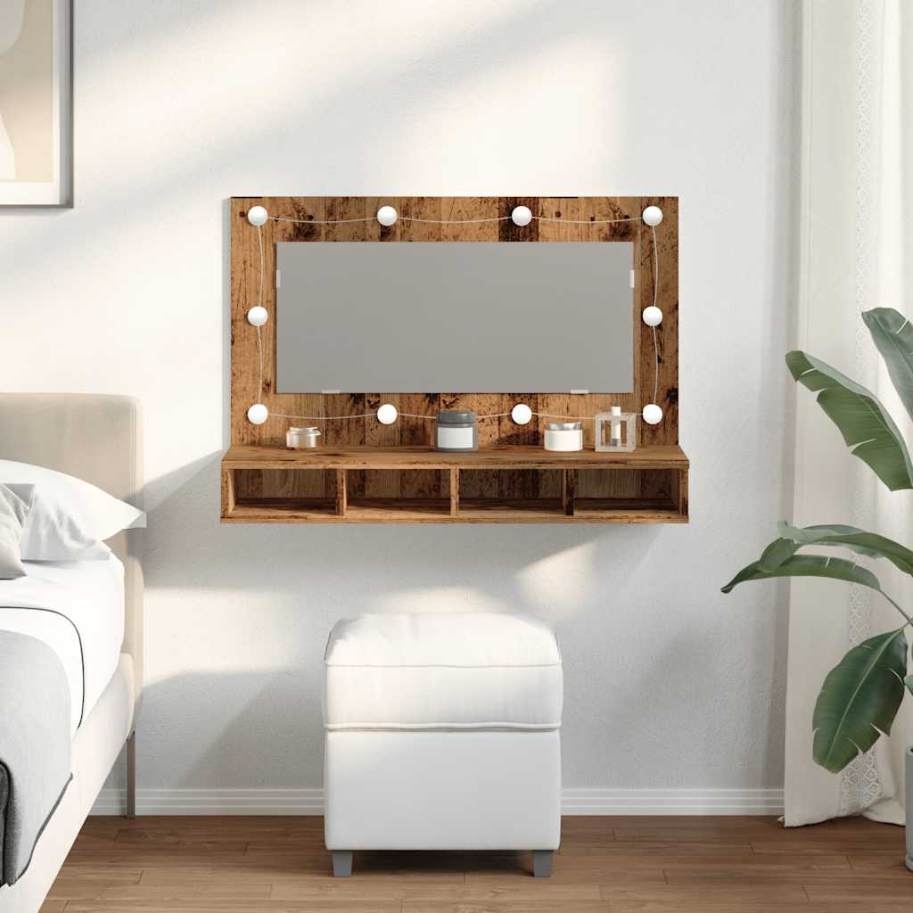 HKH Armario con Espejo y Luces LED en Madera Envejecida - 90x31,5x62 Cm