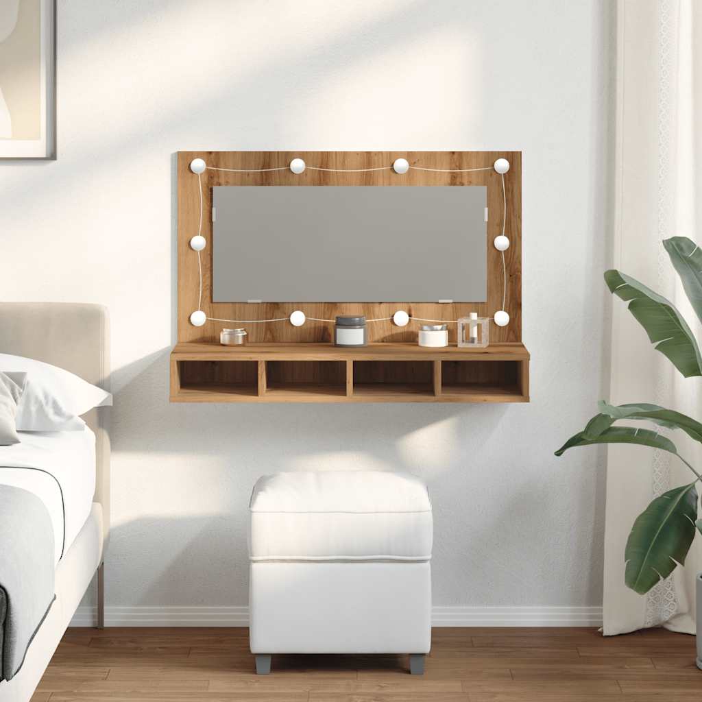 HKH Armario con Espejo con LED en Roble Artesanal - 90x31,5x62 Cm