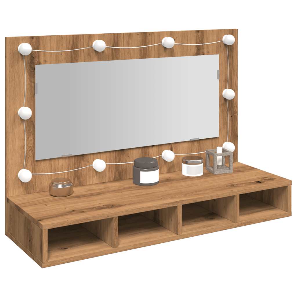 HKH Armario con Espejo con LED en Roble Artesanal - 90x31,5x62 Cm