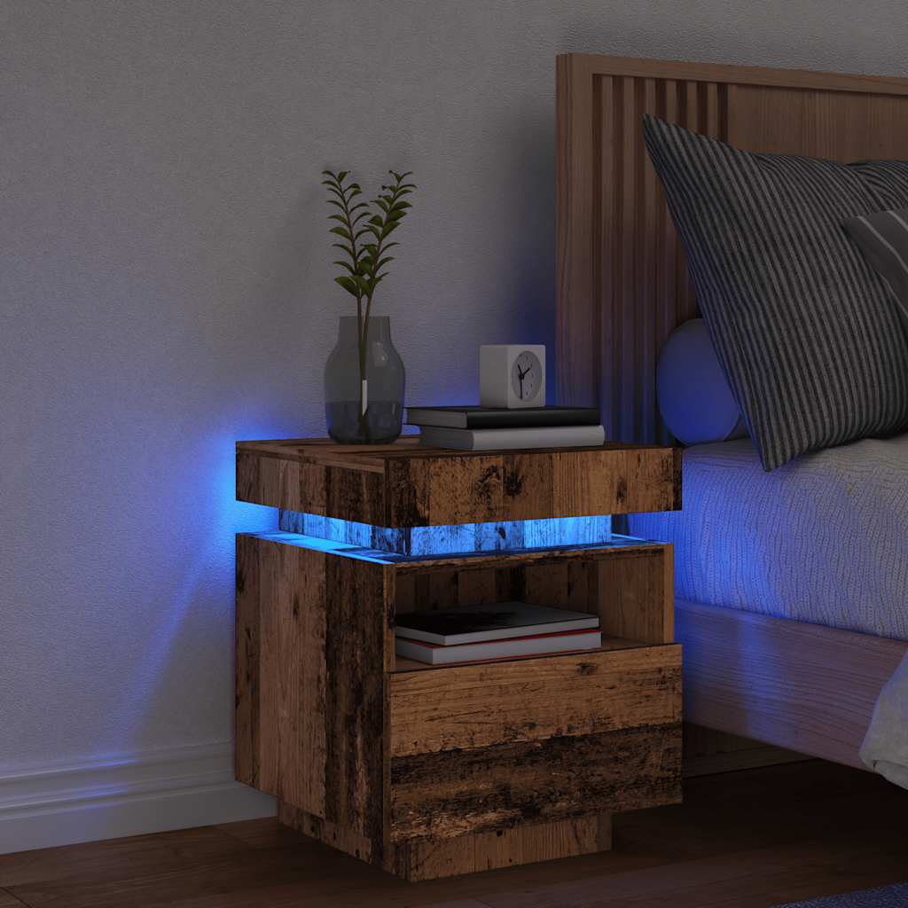 HKH Mesa de Cabeceira com Luzes Led Madeira Velha