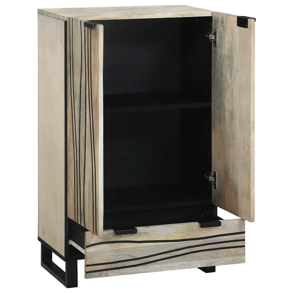 Aparador HKH alto en madera de mango maciza blanca y negra con patas de tubo de hierro y madera manufacturada con 1 puerta
