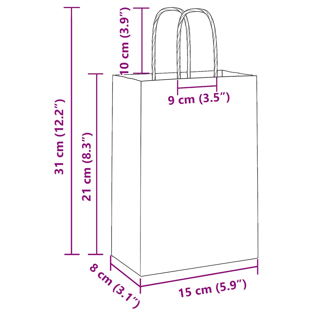 Bolsas de Papel HKH 250 Unidades con Asas - Rosa - 15x8x21 cm