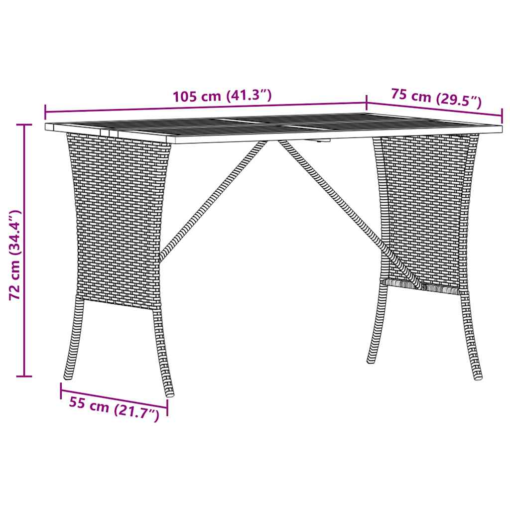 Mesa de jardín HKH con tapa de acacia de 105x75x72 cm mimbre PE - Negro