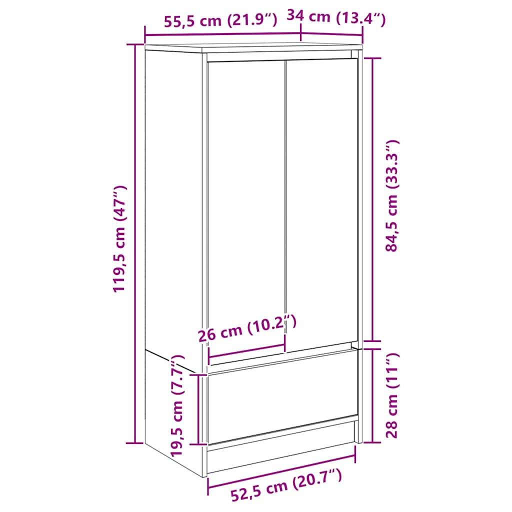 HKH Armario Alto de Madera con Cajón 55,5 X 34 X 119,5 Cm - Roble Sonoma