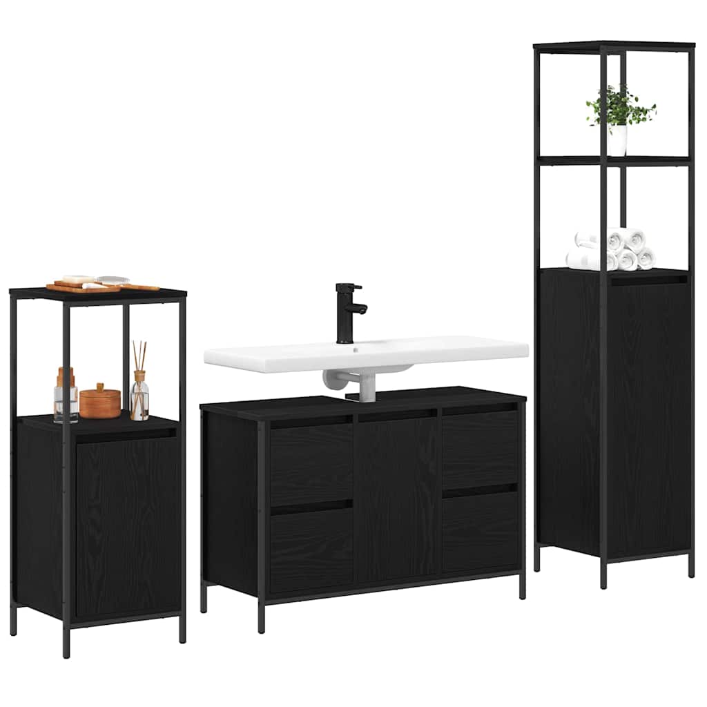 HKH Conjunto de Armários de Casa de Banho 3 Peças com Porta em Carvalho - Preto