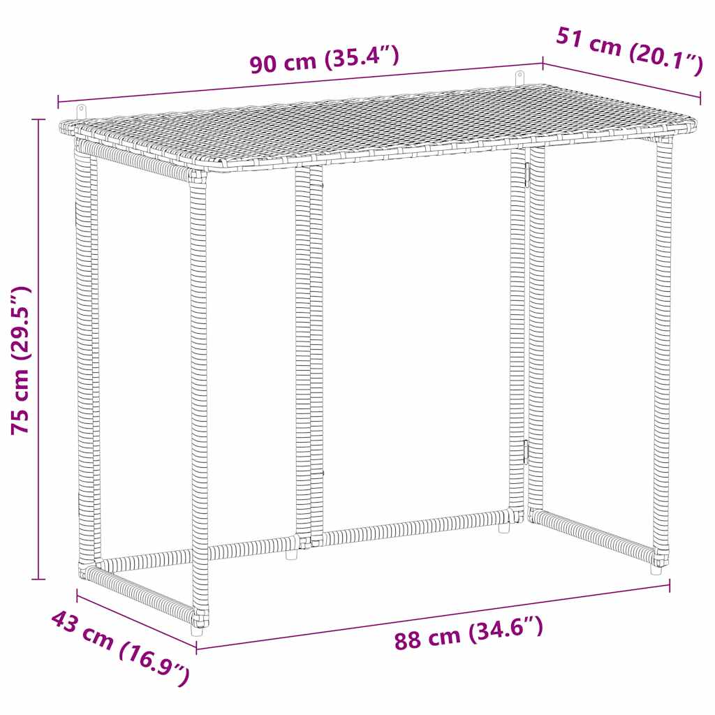 HKH Mesa de Jardim Dobrável 90x51x75 Cm Vime Pe - Preto