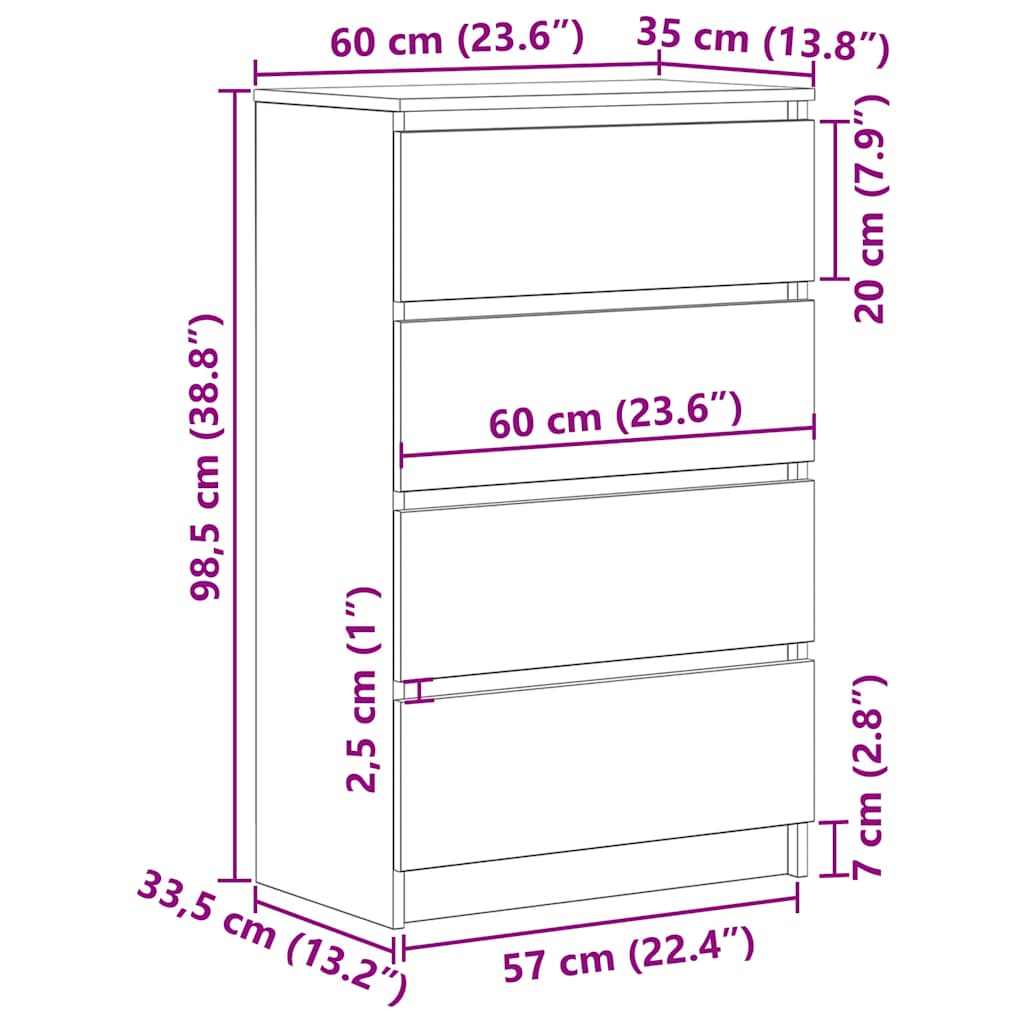 HKH Aparador em derivados de Madeira com 4 Gavetas 60 X 35 X 98,5 Cm - Carvalho Preto