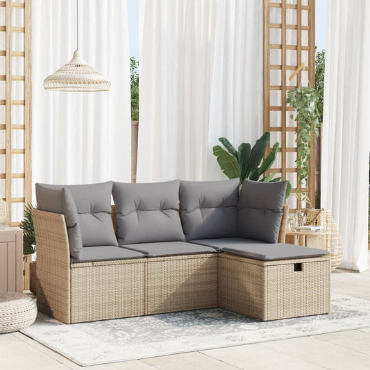 HKH 4 Pcs Conjunto de Sofás para Jardim C/ Almofadões Vime Pe - Bege
