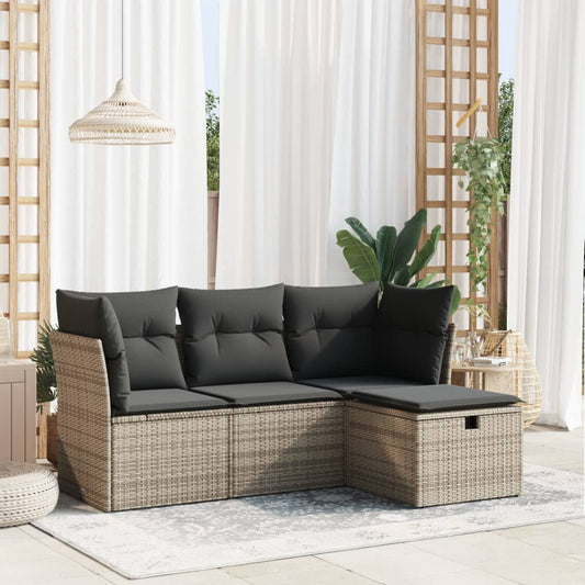 HKH 4 Pcs Conjunto Sofás de Jardim C/ Almofadões Vime Pe - Cinzento