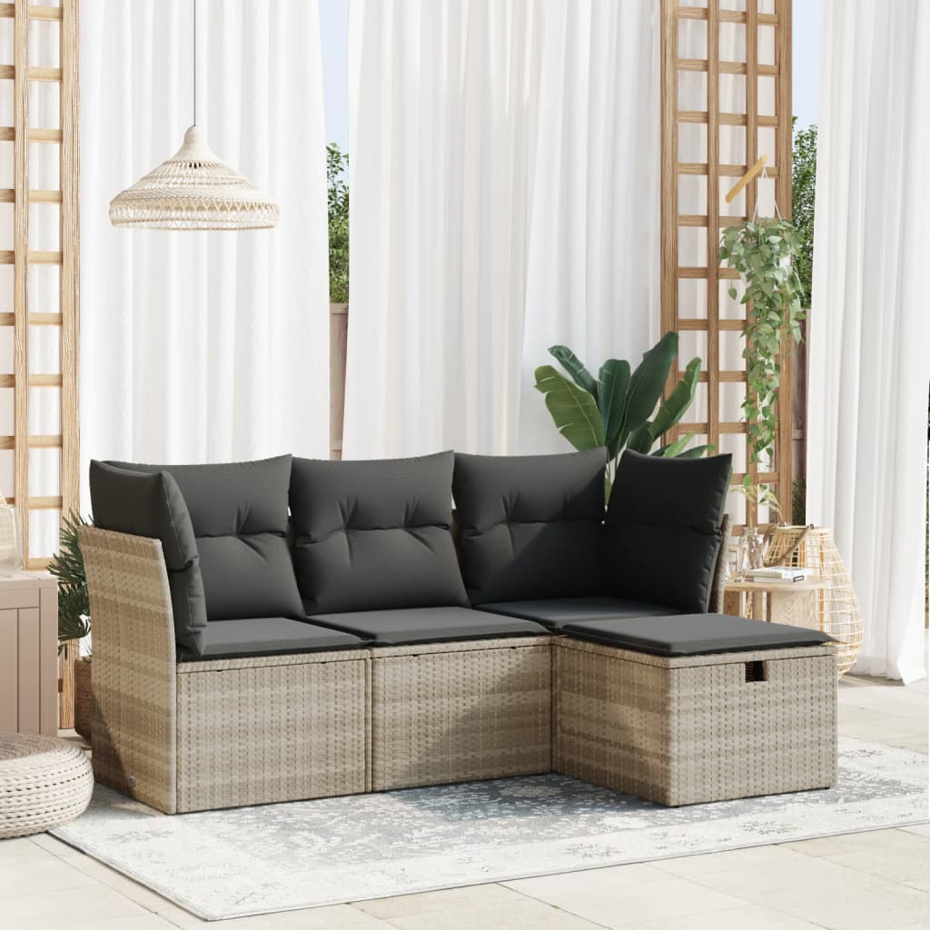 HKH 4 Pcs Conj. Sofás Jardim C/ Almofadões Vime Pe -claro - Cinzento