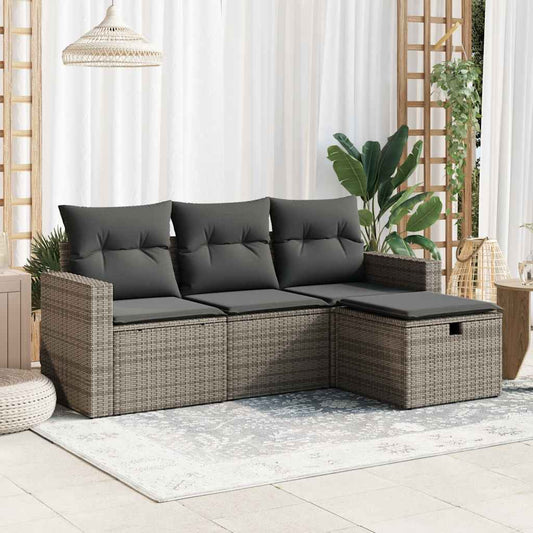HKH 4 Pcs Conjunto Sofás de Jardim C/ Almofadões Vime Pe - Cinzento