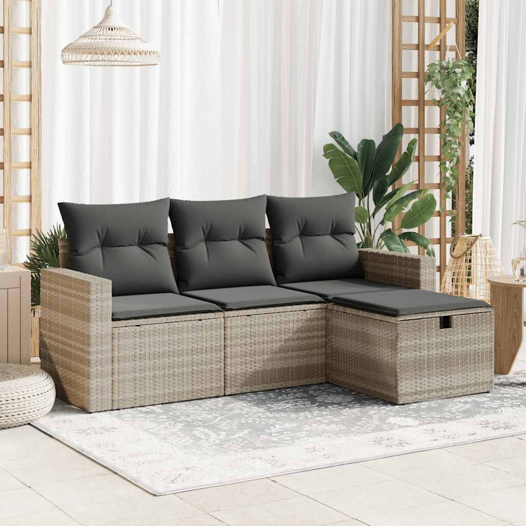 HKH 4 Pcs Conj. Sofás Jardim C/ Almofadões Vime Pe -claro - Cinzento