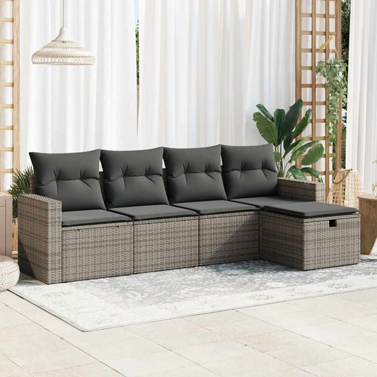 HKH 5 Pcs Conjunto Sofás de Jardim C/ Almofadões Vime Pe - Cinzento