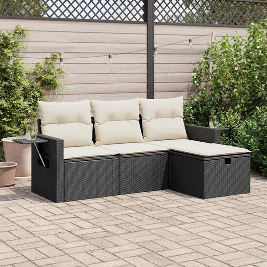 HKH 4 Pcs Conjunto de Sofás para Jardim C/ Almofadões Vime Pe - Preto