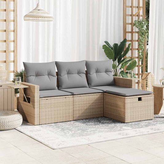 HKH 4 Pcs Conjunto de Sofás para Jardim C/ Almofadões Vime Pe - Bege