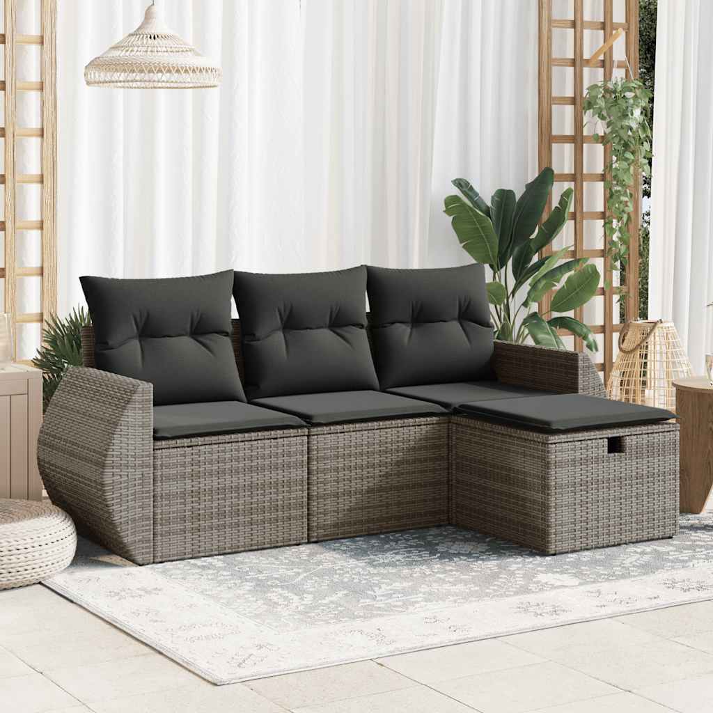 HKH 4 Pcs Conjunto Sofás de Jardim C/ Almofadões Vime Pe - Cinzento