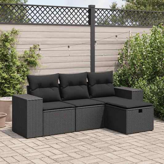 HKH 4 Pcs Conjunto de Sofás para Jardim C/ Almofadões Vime Pe - Preto