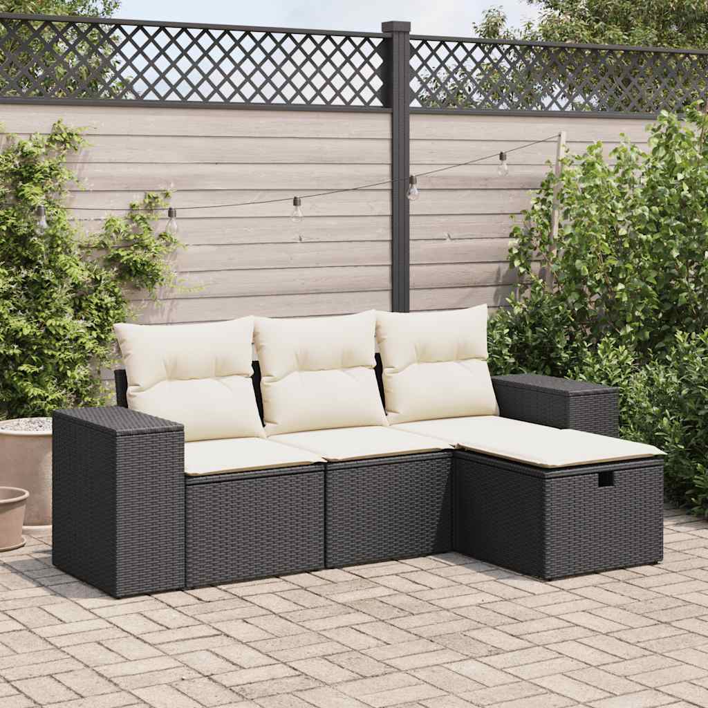 HKH 4 Pcs Conjunto de Sofás para Jardim C/ Almofadões Vime Pe - Preto