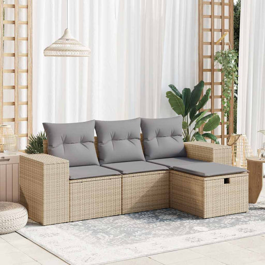HKH 4 Pcs Conjunto de Sofás para Jardim C/ Almofadões Vime Pe - Bege
