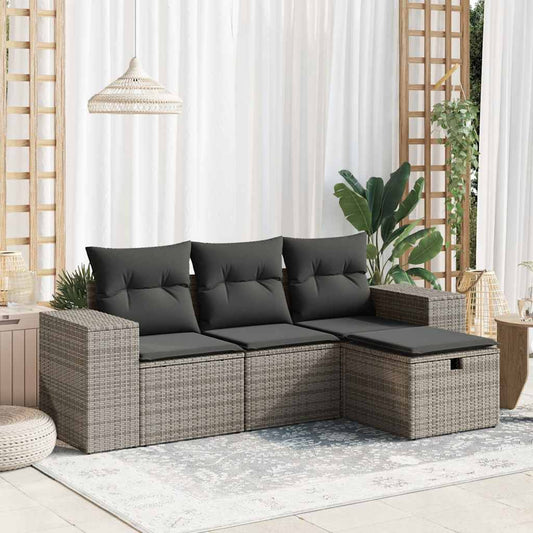 HKH 4 Pcs Conjunto Sofás de Jardim C/ Almofadões Vime Pe - Cinzento