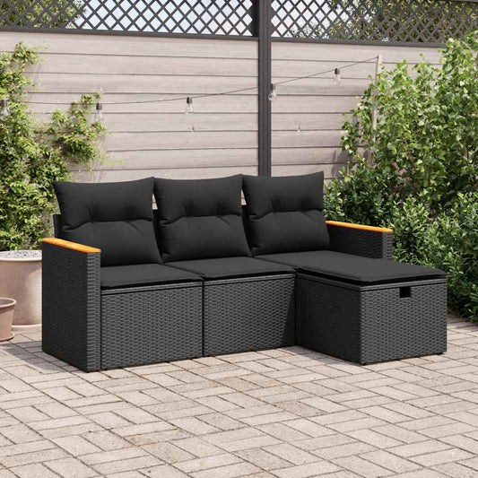 HKH 4 Pcs Conjunto de Sofás para Jardim C/ Almofadões Vime Pe - Preto