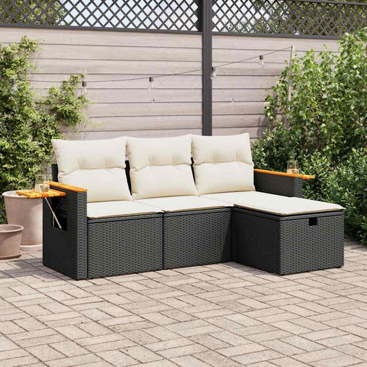 HKH 4 Pcs Conjunto de Sofás para Jardim C/ Almofadões Vime Pe - Preto