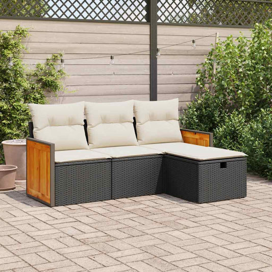 HKH 4 Pcs Conjunto de Sofás para Jardim C/ Almofadões Vime Pe - Preto