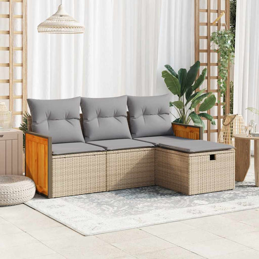 HKH 4 Pcs Conjunto de Sofás para Jardim C/ Almofadões Vime Pe - Bege