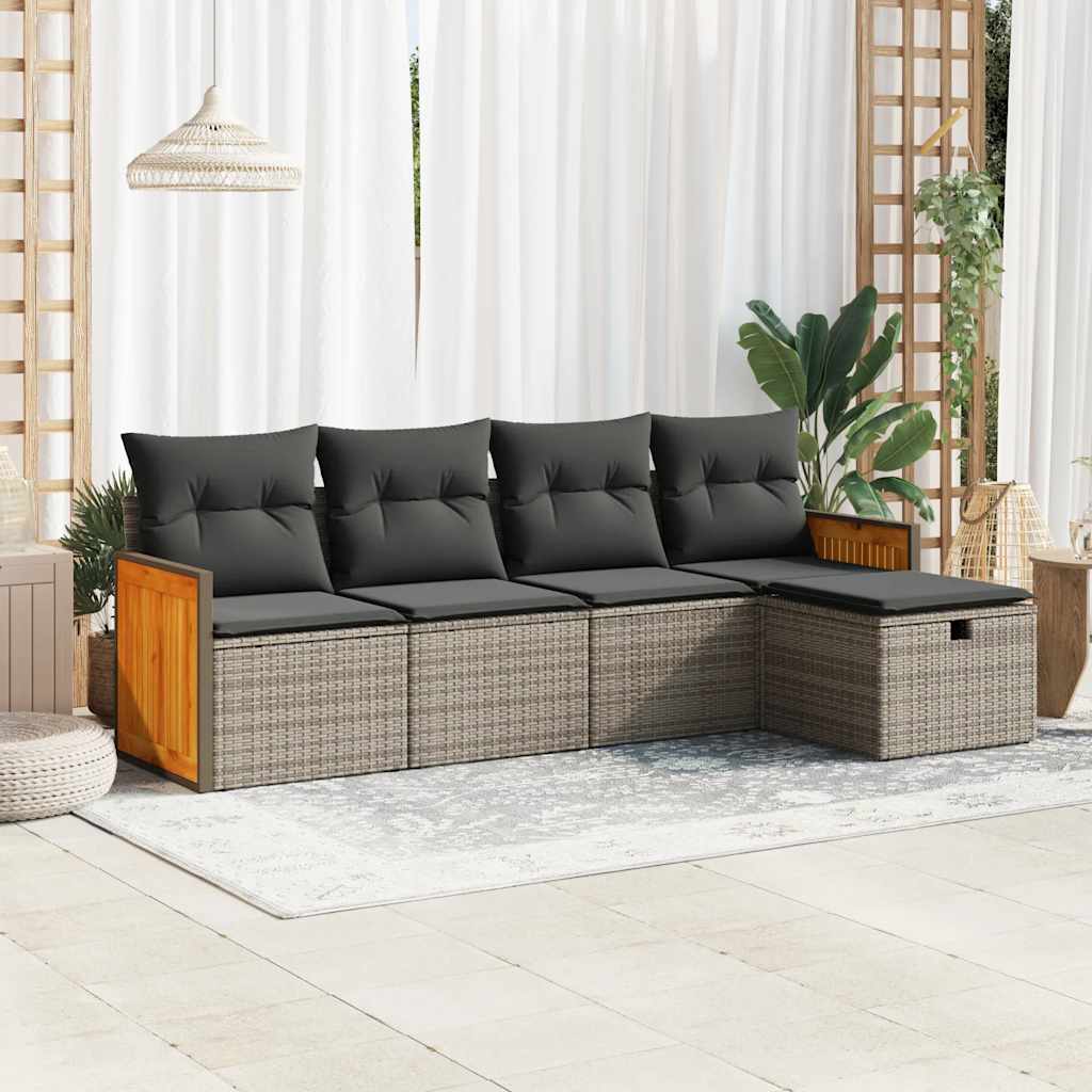 HKH 5 Pcs Conjunto Sofás de Jardim C/ Almofadões Vime Pe - Cinzento