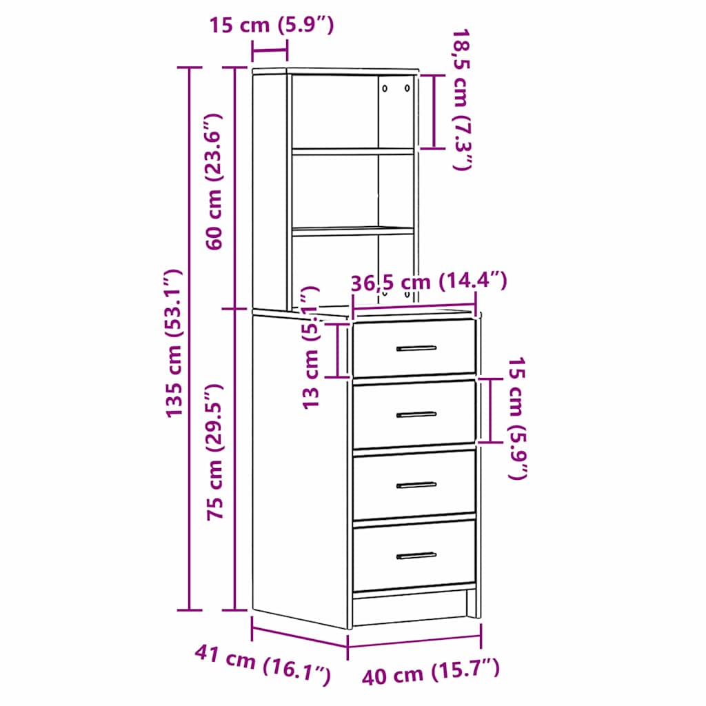 Aparador Alto HKH Sonoma Gris de Madera Procesada con 4 Cajones cm