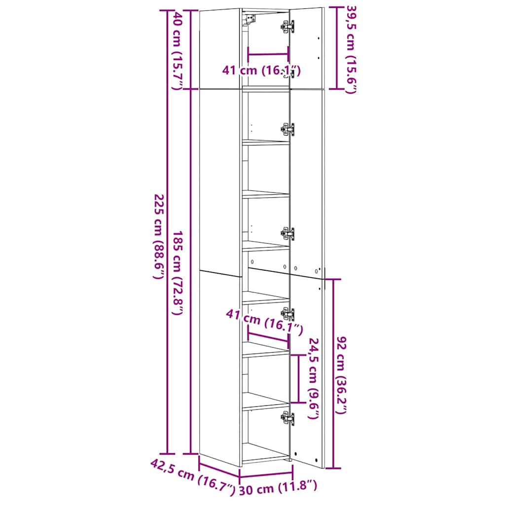 HKH Armario de Almacenamiento Alto de 3 Piezas de Madera Procesada con 2 Puertas - Roble Negro