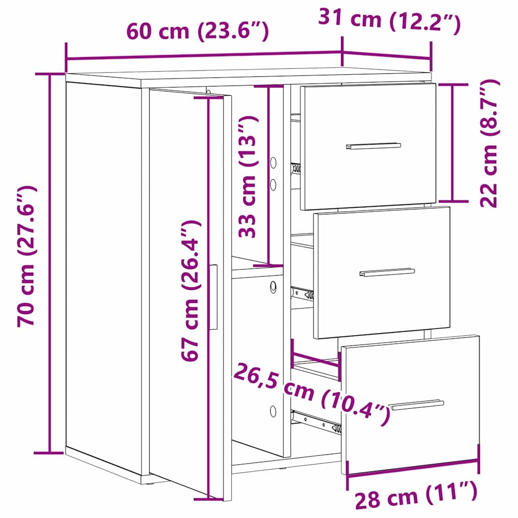 HKH Aparador Moderno de Madera Procesada con 1 Puerta y 3 Cajones - Roble Negro