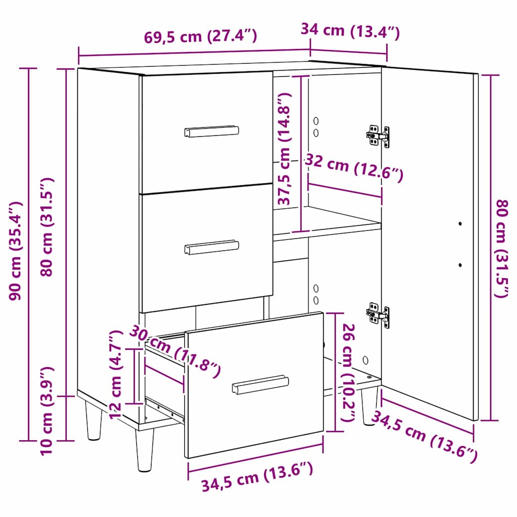 HKH Aparador Moderno en Madera Procesada con 1 Puerta y 3 Cajones - Roble Artesanal