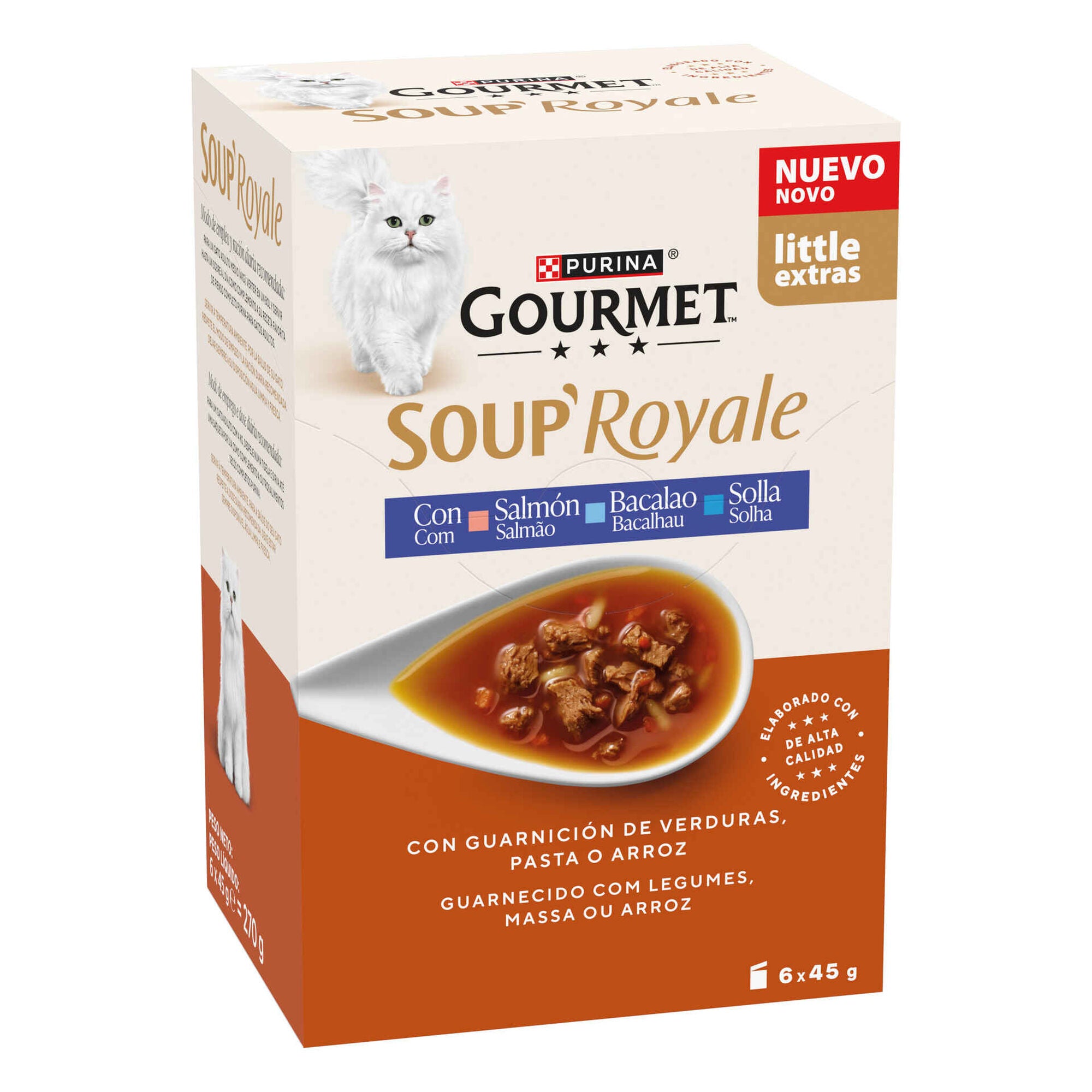 Purina Gourmet Soup Royale Snack Líquido Gato Salmão, Bacalhau e Solha 45 g 6x45 g