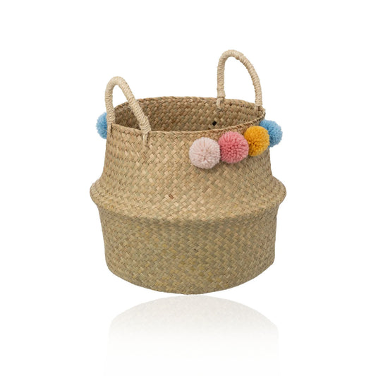HKH Cesto Decorativo Infantil em Palha Pompons Coloridos